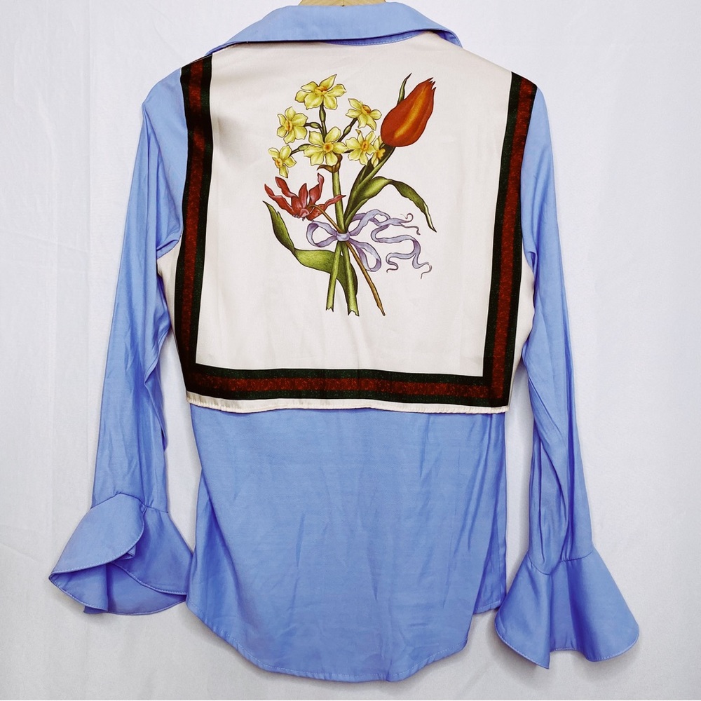 Elegant Blue Floral Accent Blouse